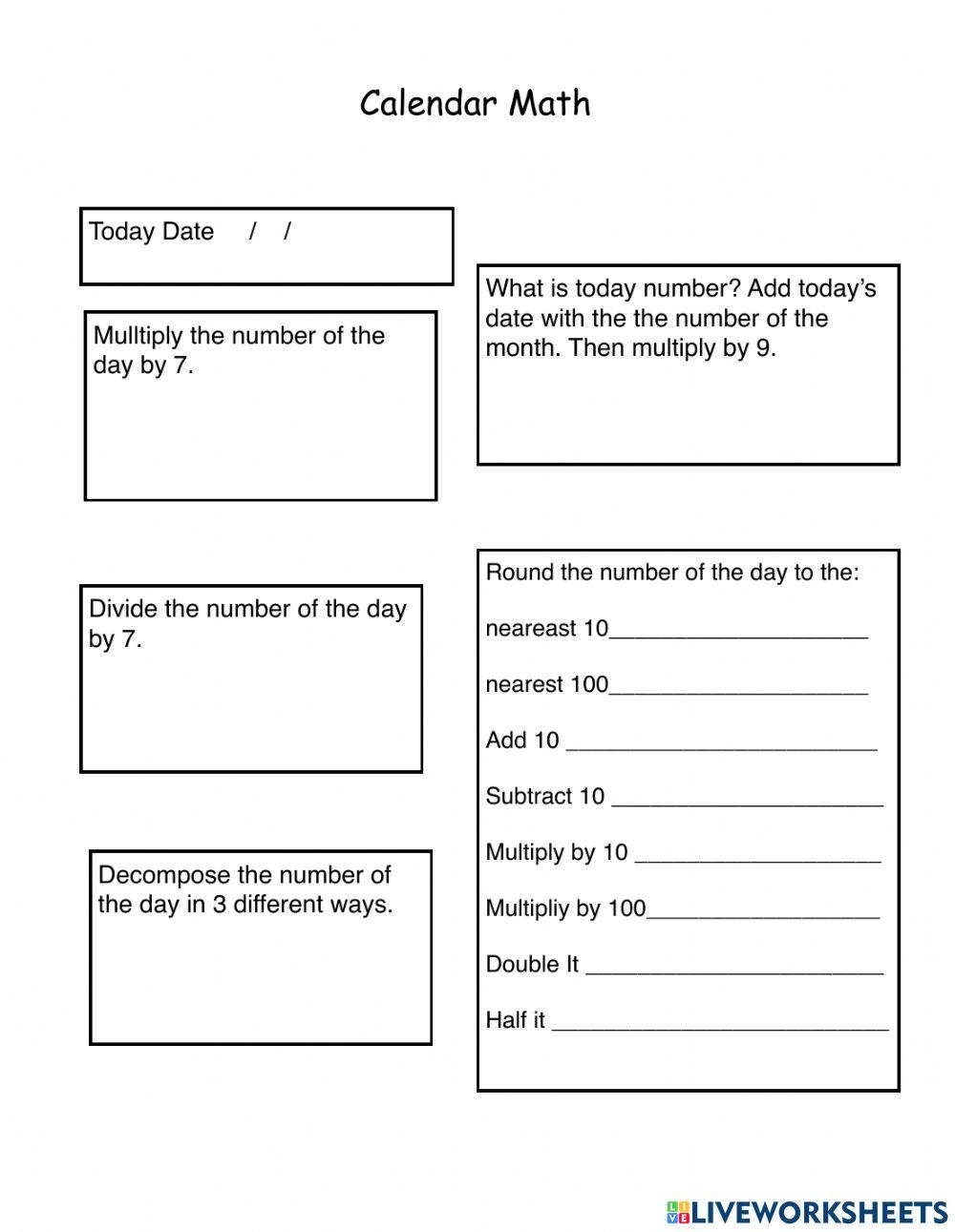 Calendar Math interactive worksheet Live Worksheets