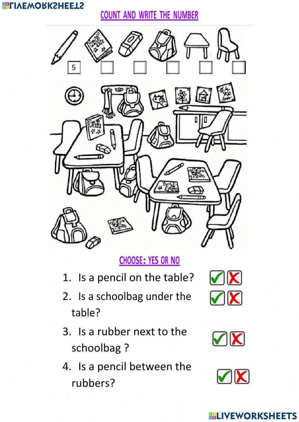 Numbers prepositions  and school objects