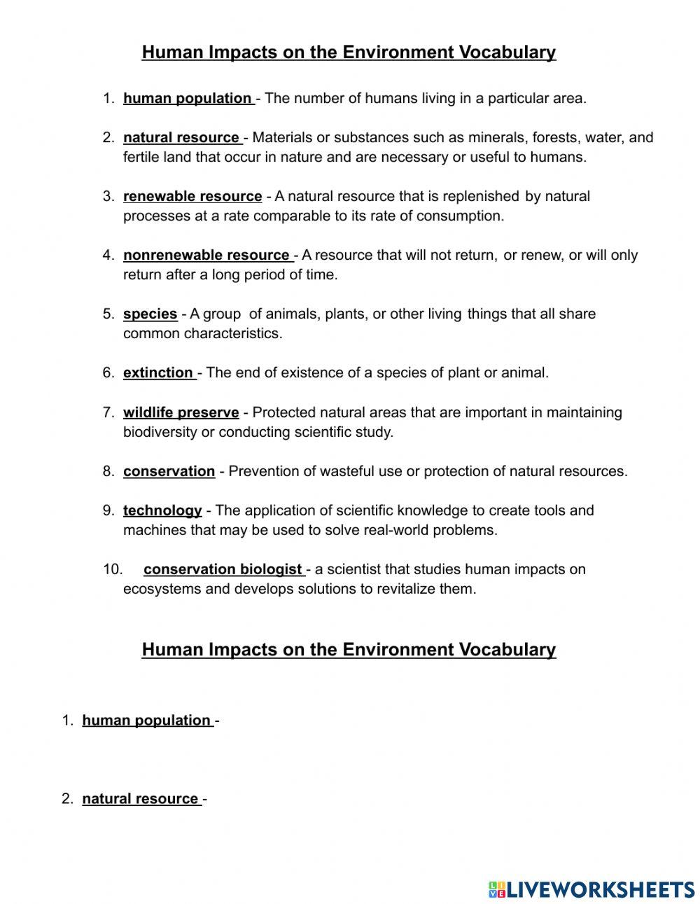 Human Impacts on the Environment Vocabulary online exercise for Live