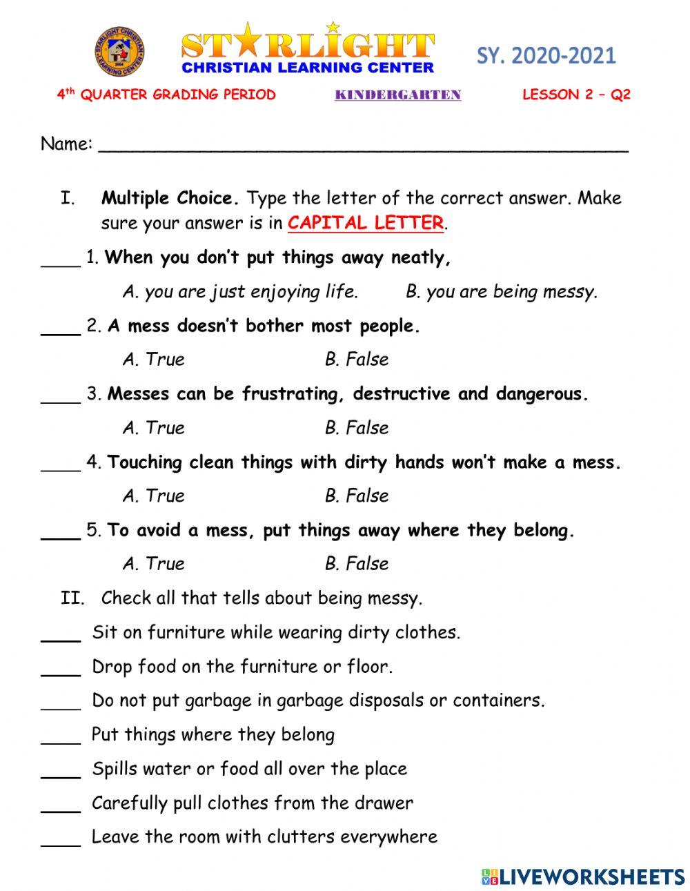 ESP-CL (KINDER) - 4th QUARTER QUIZ LESSON 2: BEING MESSY