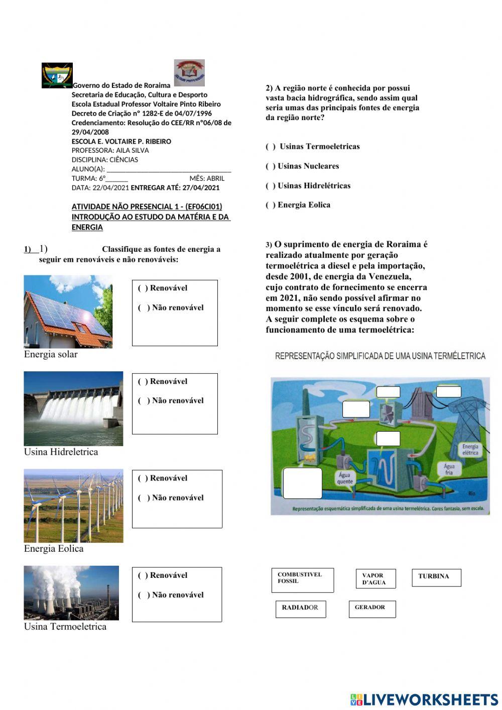 Atividade 8 ano fontes de energia