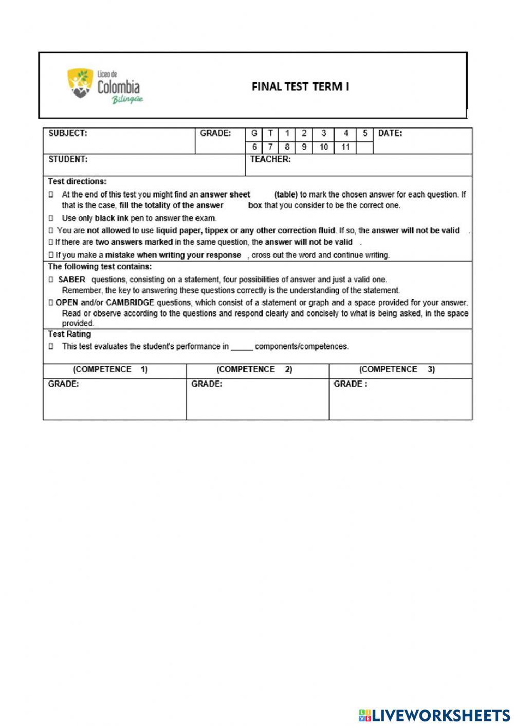 English reading and writing test