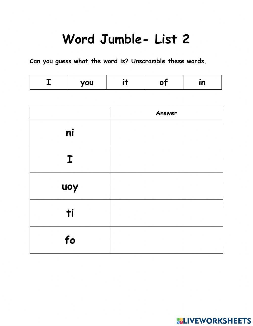 WOW - 5 Words - List 2 - Word Jumble