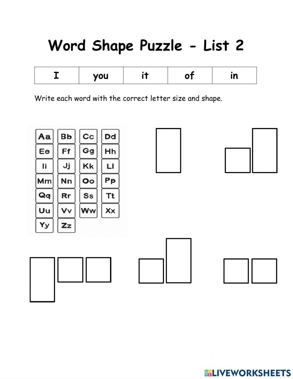 WOW - 5 Words - List 2 - Word Shape Puzzle