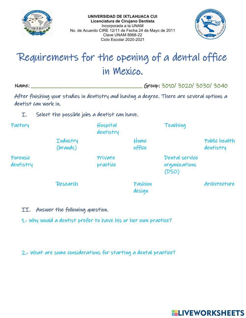 Requirements for a dental practice