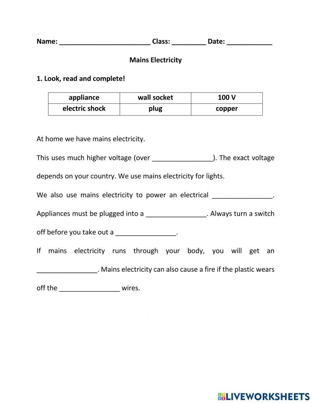 Mains Electricity Worksheet