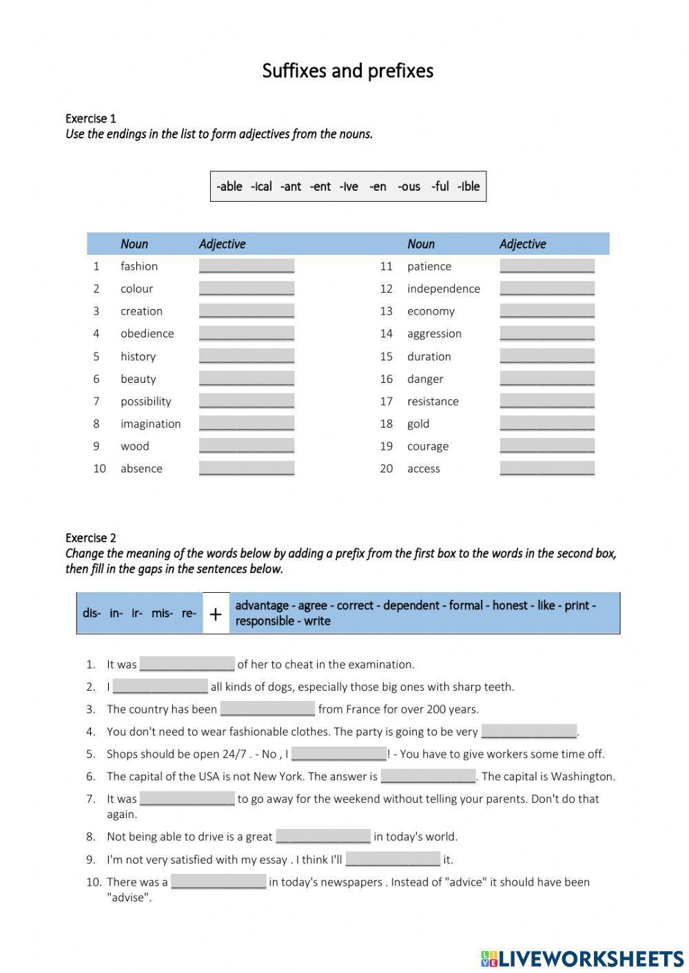 Suffixes and prefixes