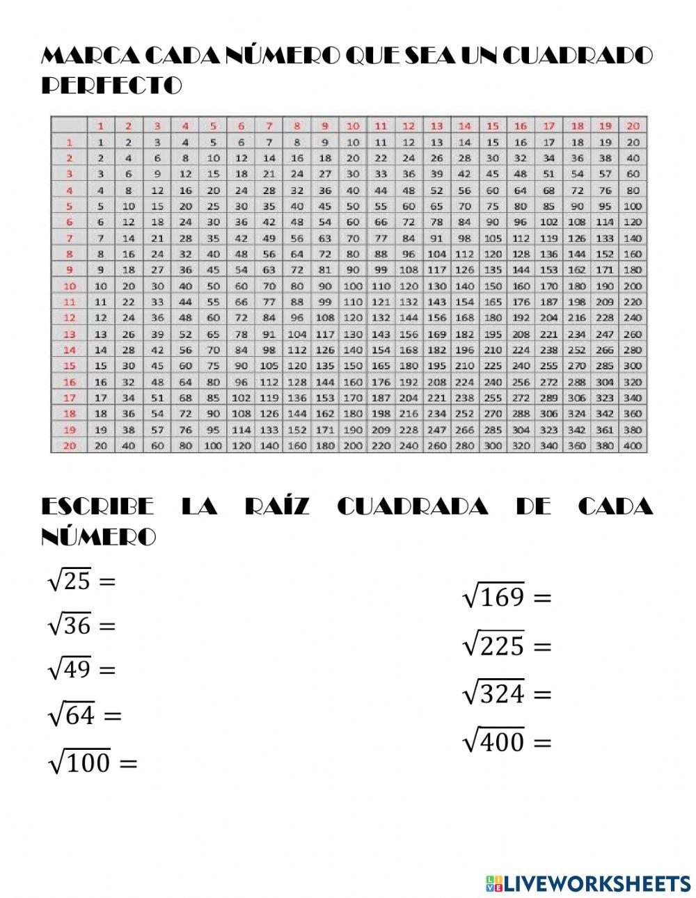 Raíces cuadrada… | Free Interactive Worksheets | 7533589, image size:1000x1291