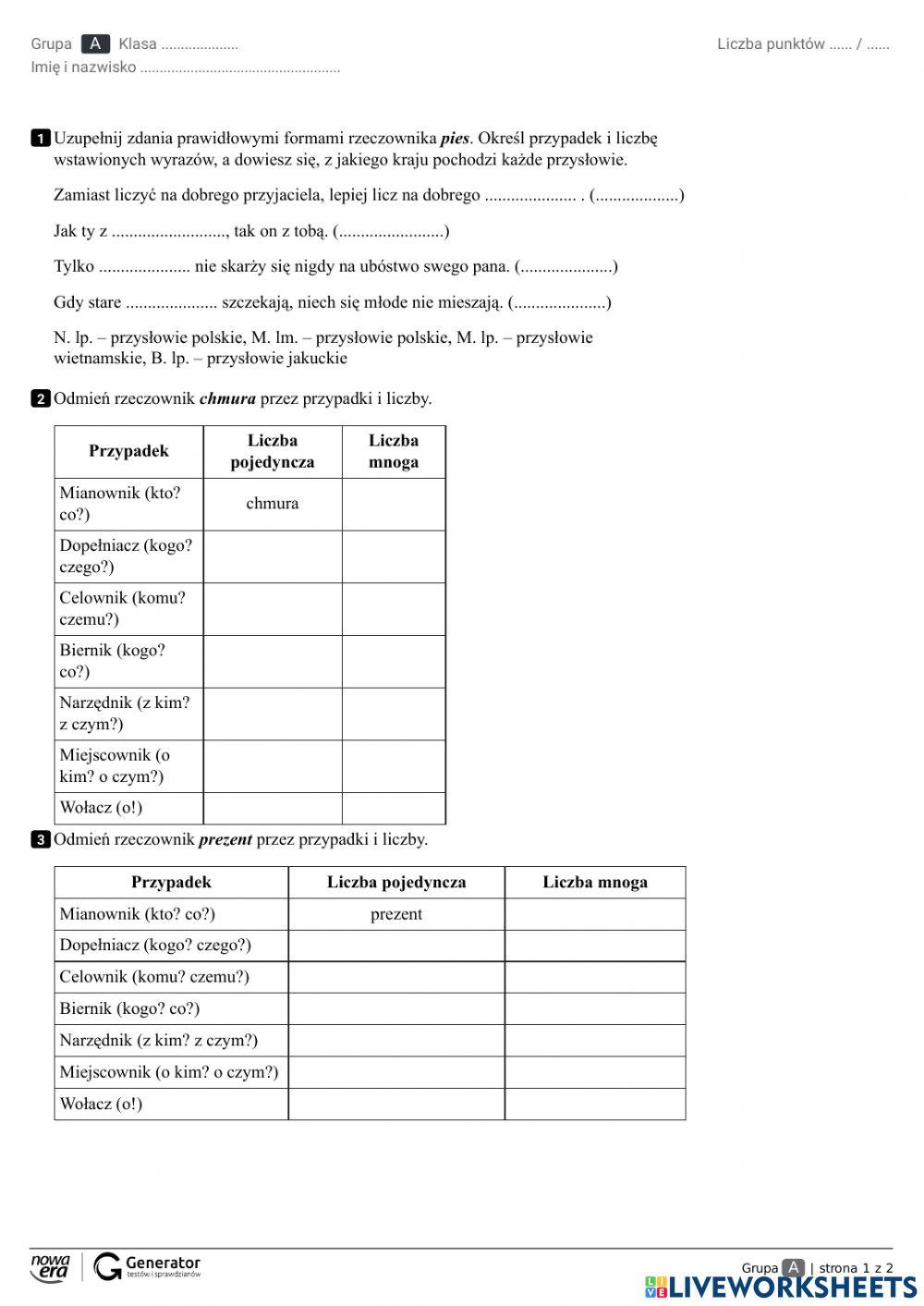 Odmiana Przez Przypadki ćwiczenia Online Odmiana przez przypadki online exercise for | Live Worksheets
