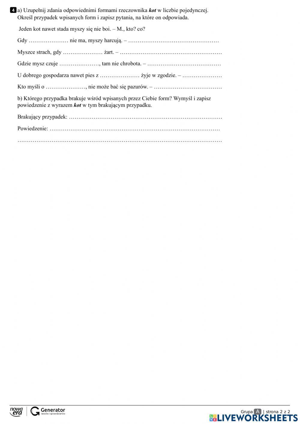 Odmiana Przez Przypadki ćwiczenia Online Odmiana przez przypadki online exercise for | Live Worksheets