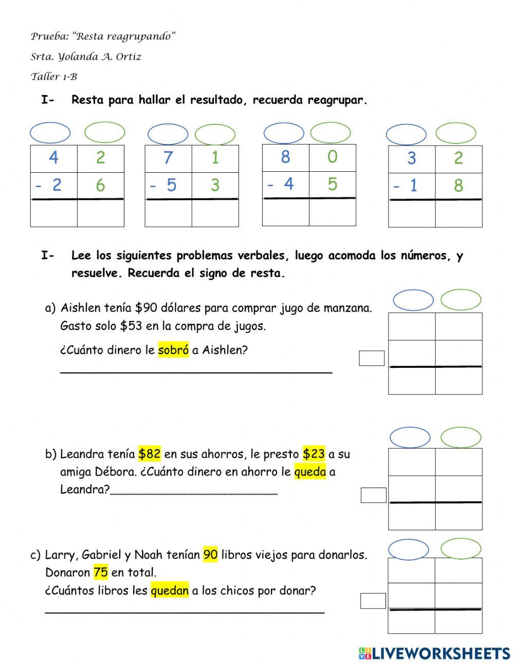 Prueba: Resta reagrupando