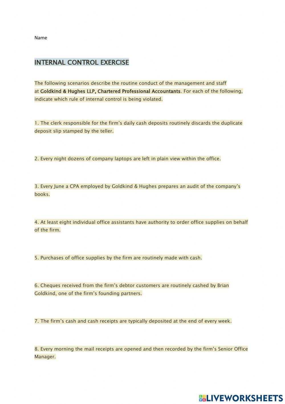 Internal control exercise