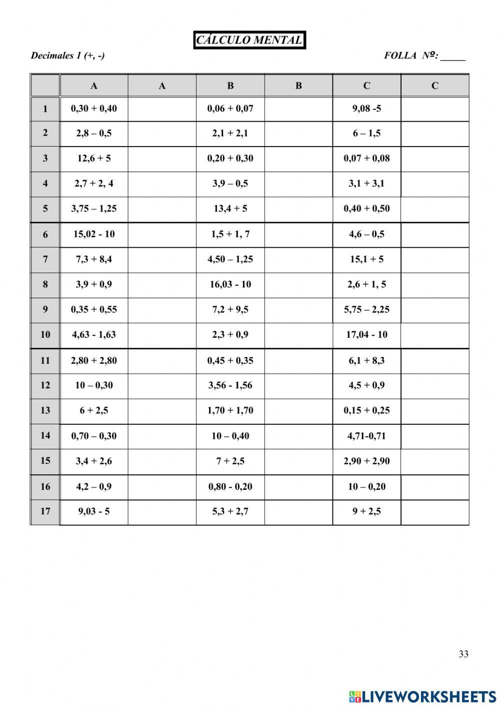 Operacións con decimais