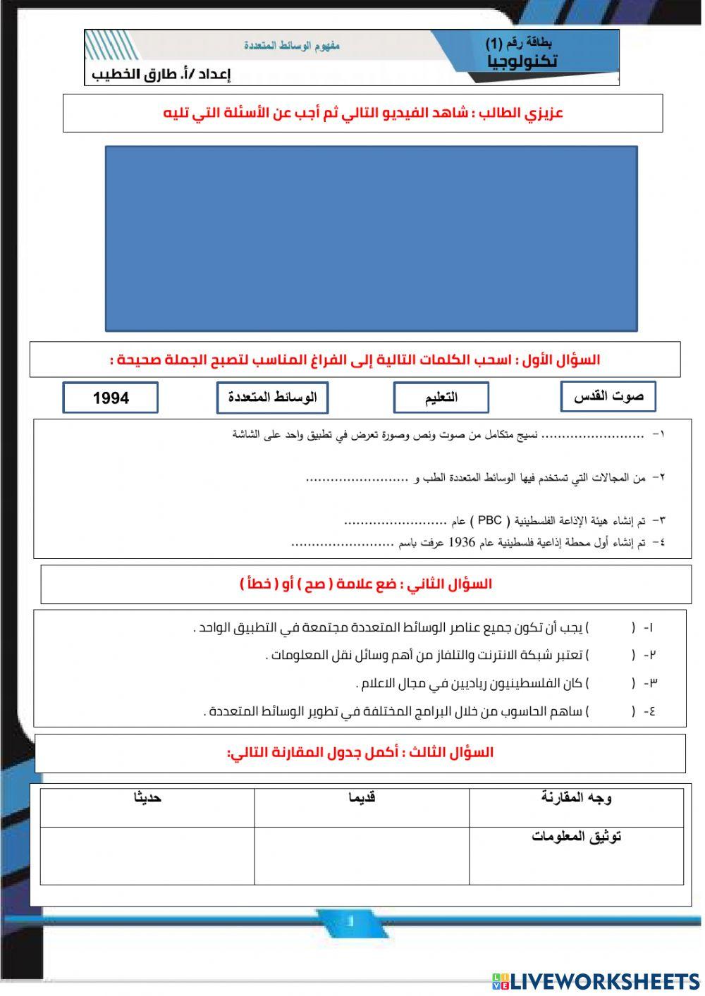 ورقة عمل تفاعلية لدرس الوسائط المتعددة
