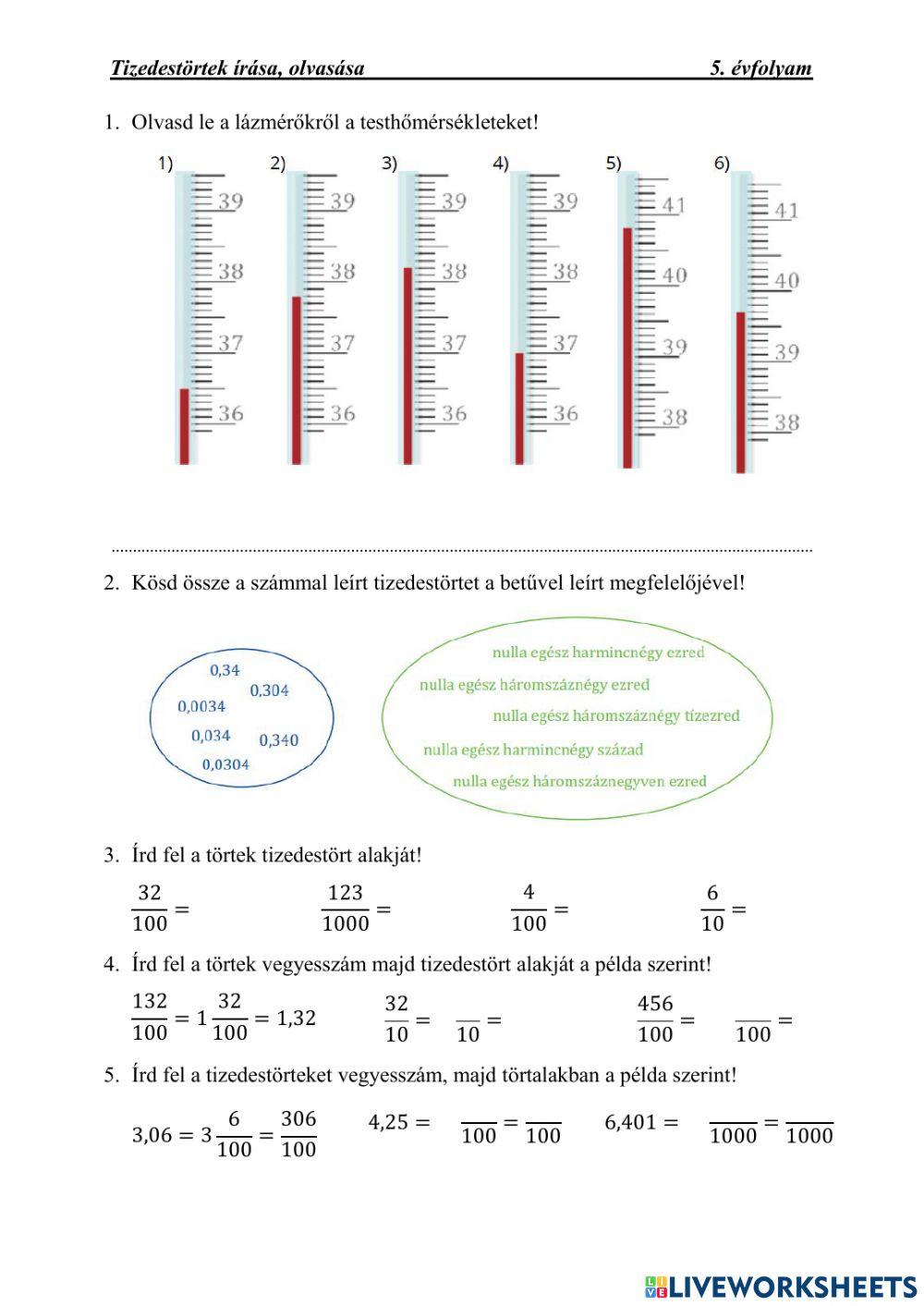 Tizedestörtek írása, olvasása