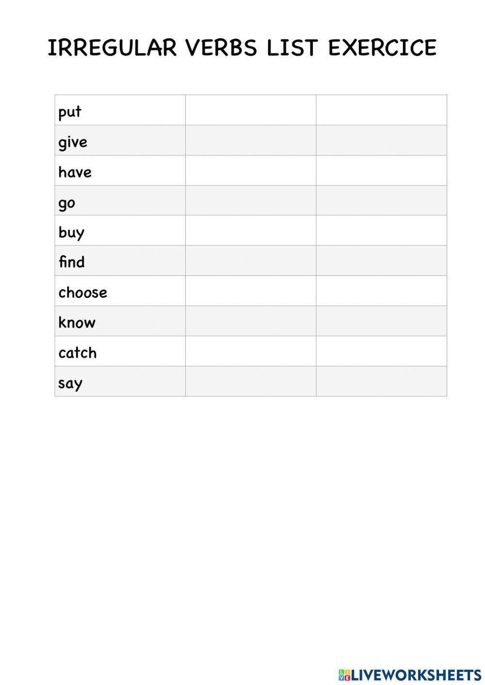 Irregular Verb list exercice