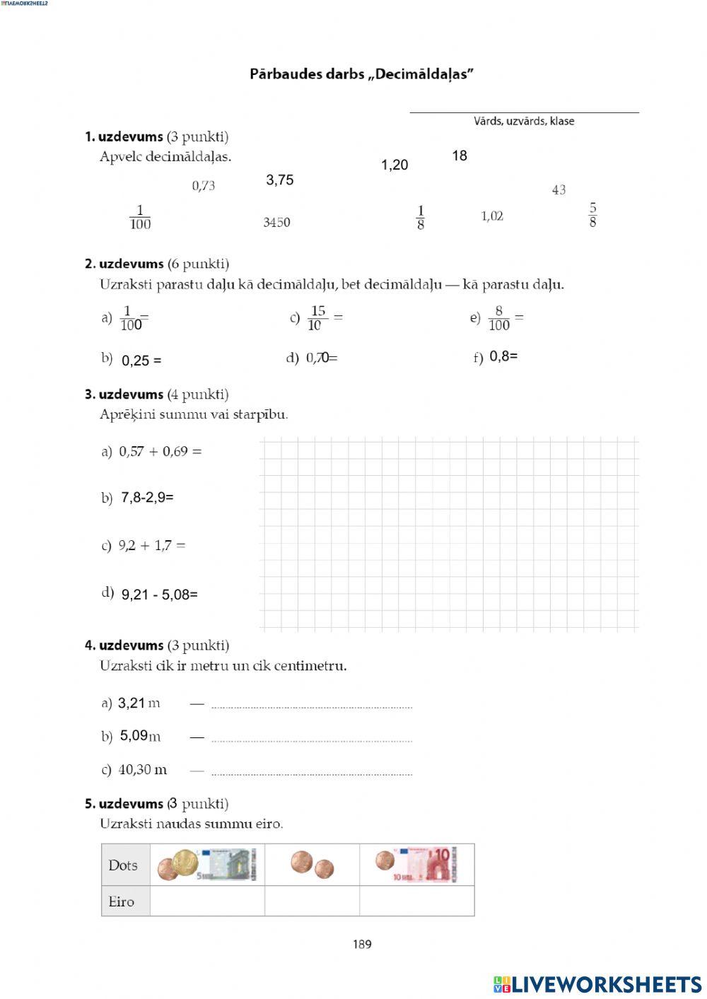 Decimāldaļas, to pieraksts