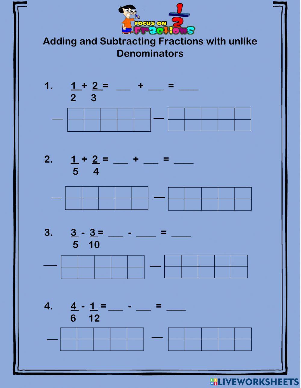Adding and Subtracting Fractions activity | Live Worksheets