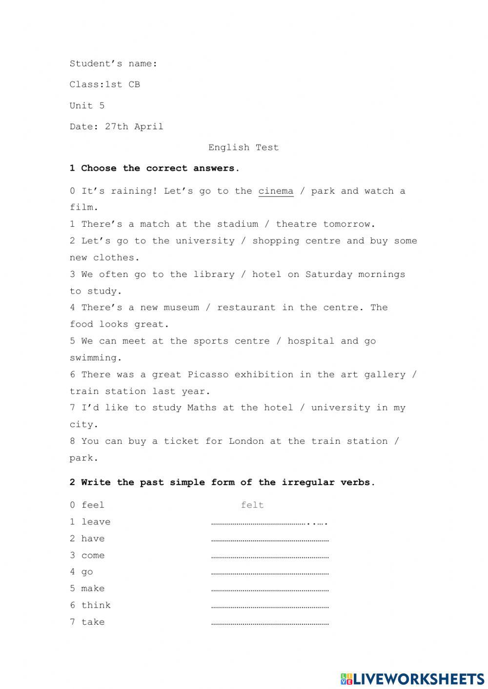 Unit 2 Klasa 5 Test Test Unit 5 online exercise for | Live Worksheets