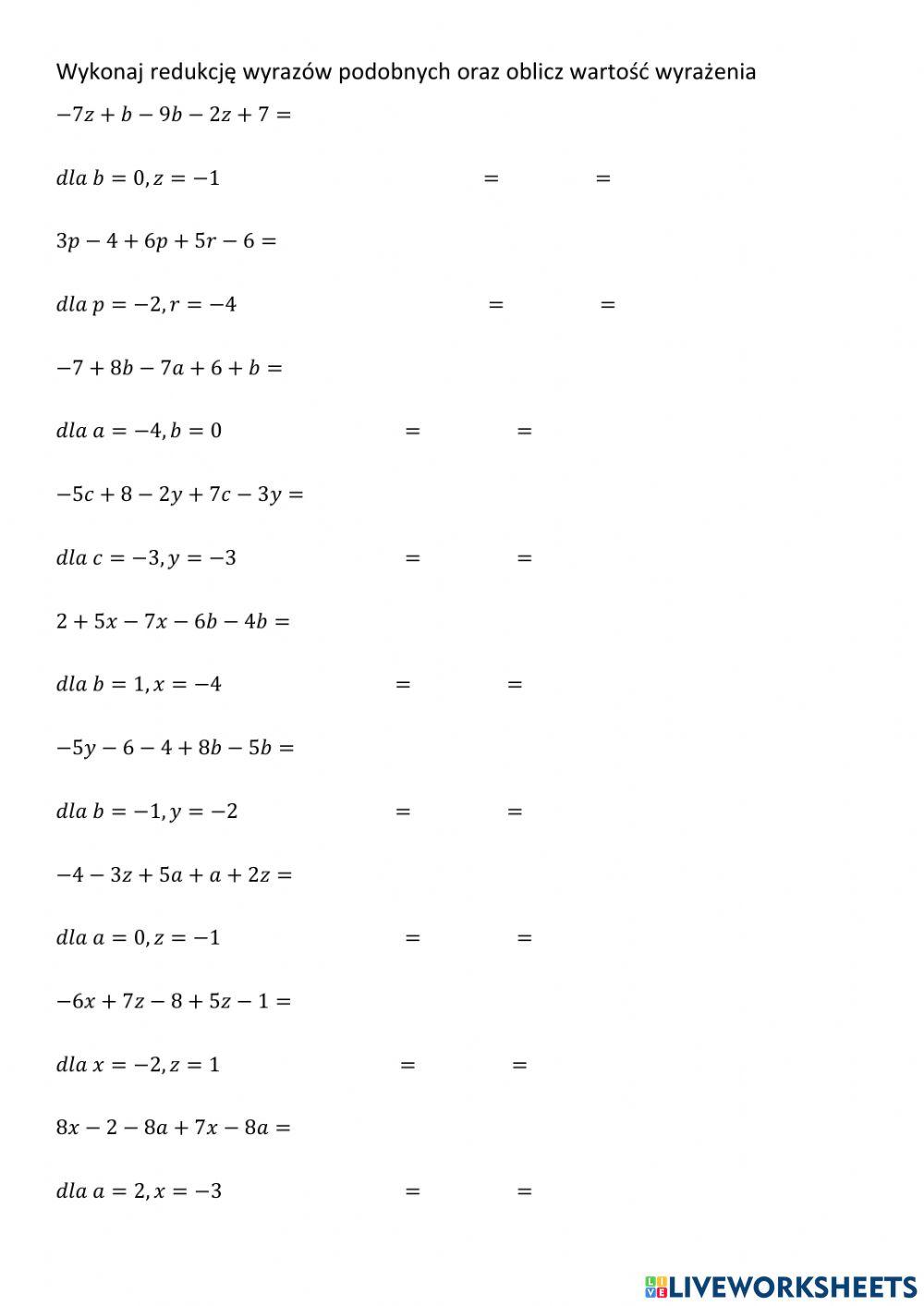 Upraszczanie wyrażeń algebraicznych oraz obliczanie wartości wyrażenia II klasa 6