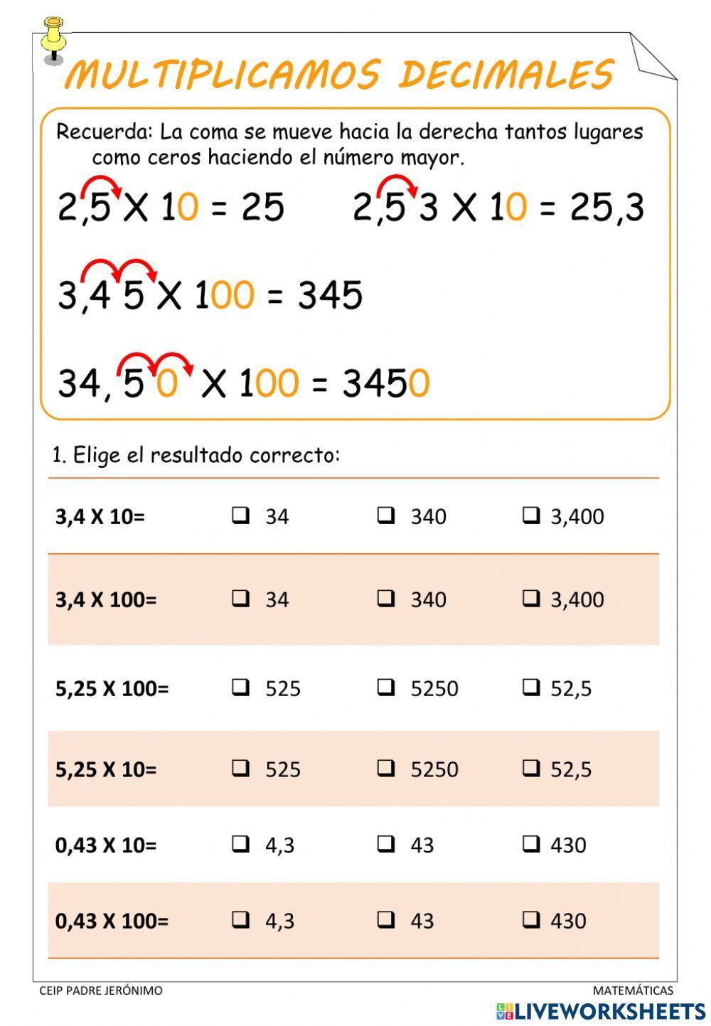 Multiplicación de decimales por 10 y 100