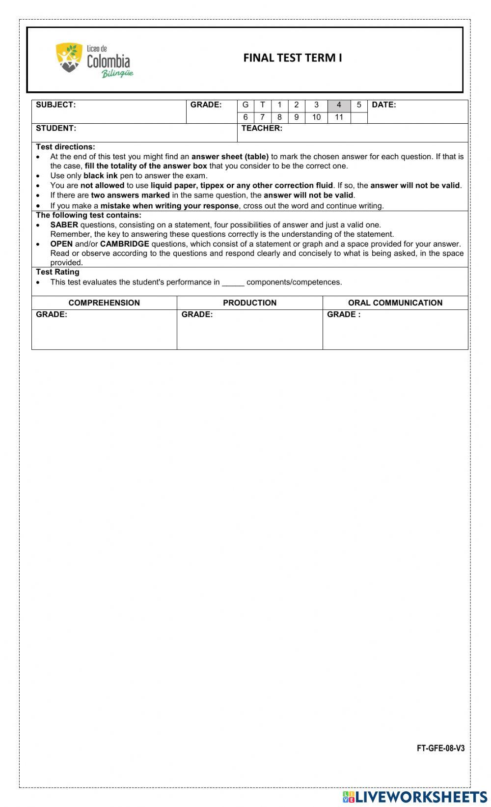 Diagnosis test reading comrehension Final