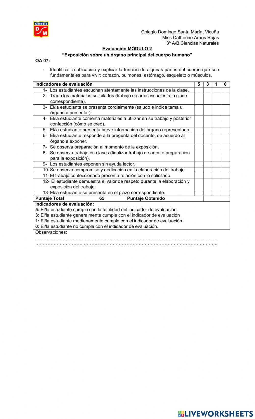 Evaluación Ciencias Naturales MÓDULO 2