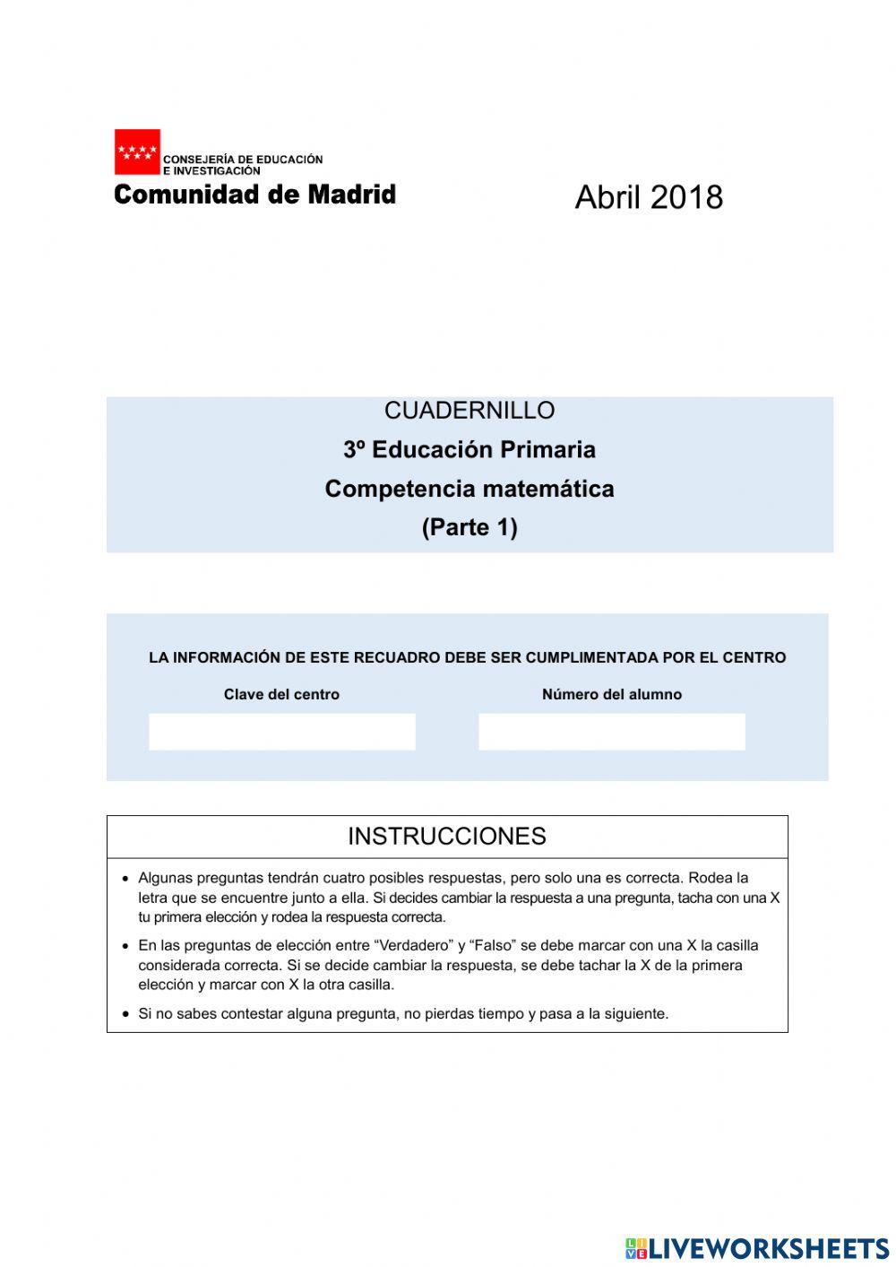 REPASO PRUEBA 3º PRIMARIA COMP. MAT.