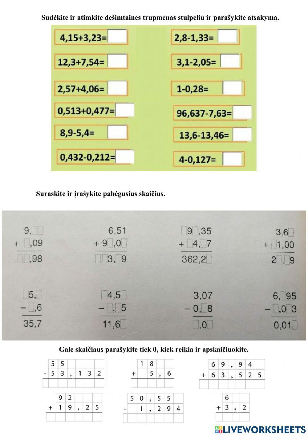 Dešimtainių trupmenų sudėtis ir atimtis