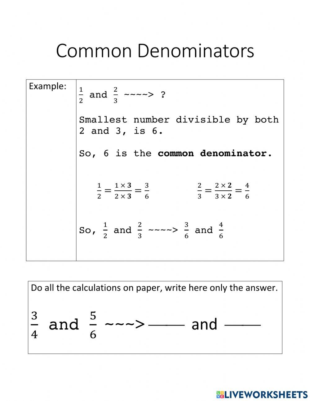 Common Denominators 5 worksheet Live Worksheets