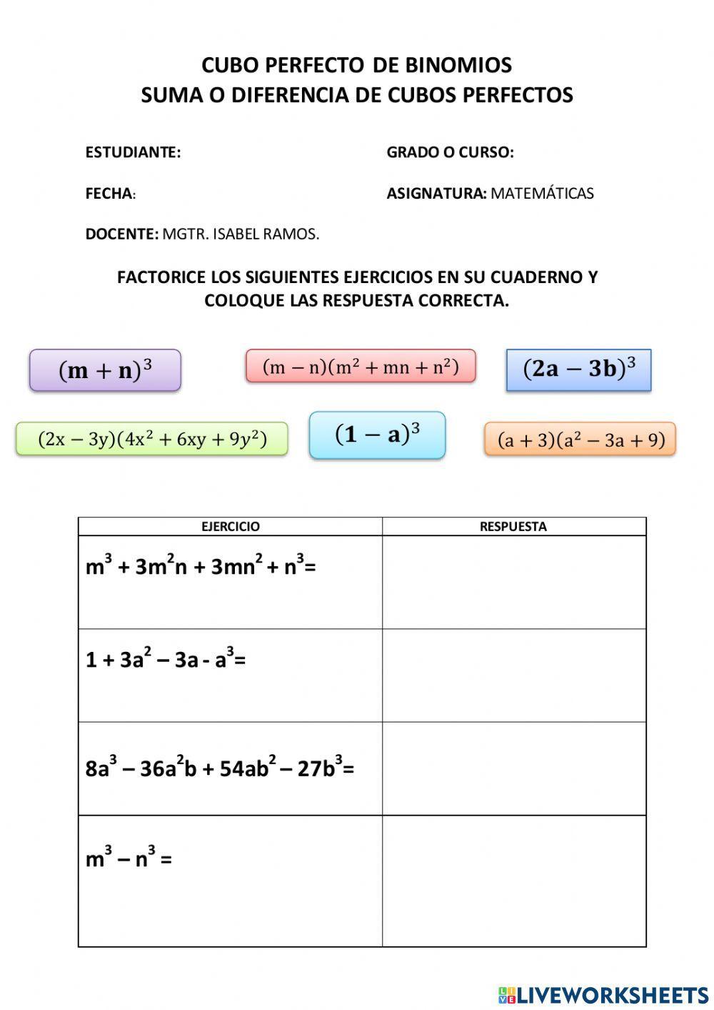 Cubo perfecto de binomios  y SUMA O DIFERENCIA DE CUBOS PERFECTOS