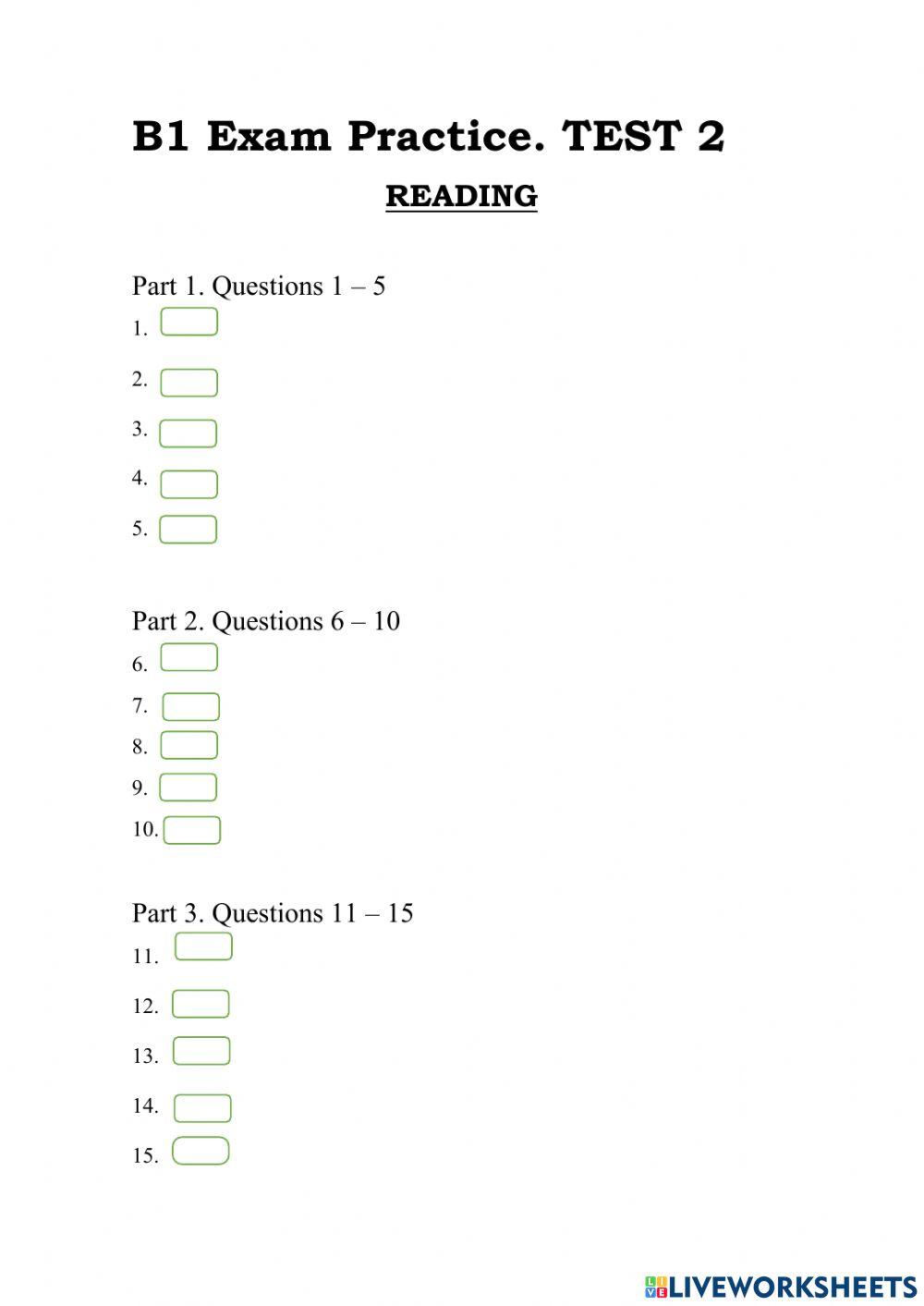 Answser Sheet TEST 2. B1 PLUS