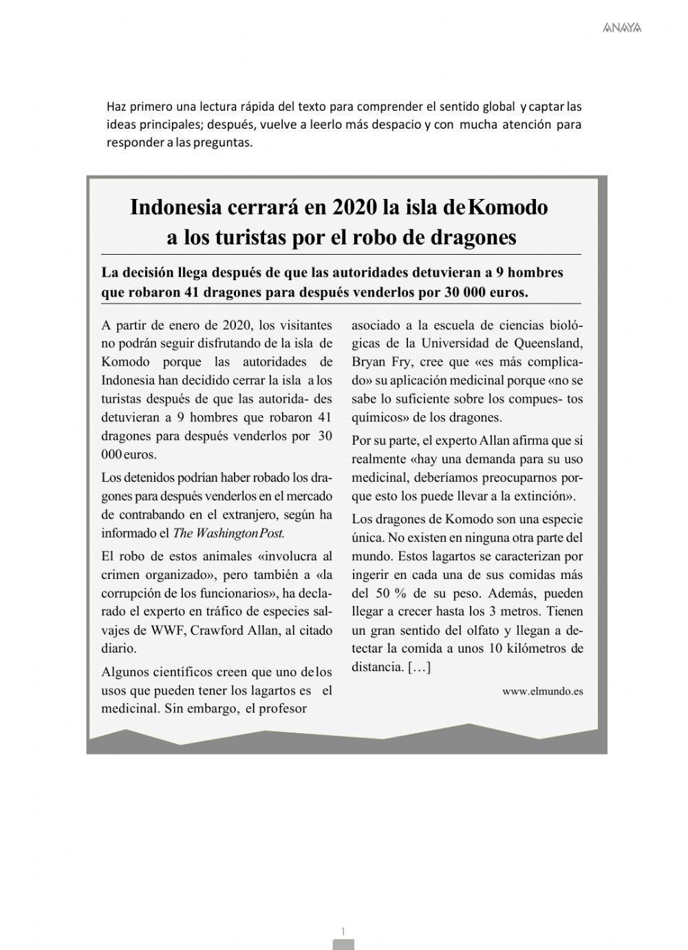 Comprensión lectora. La noticia