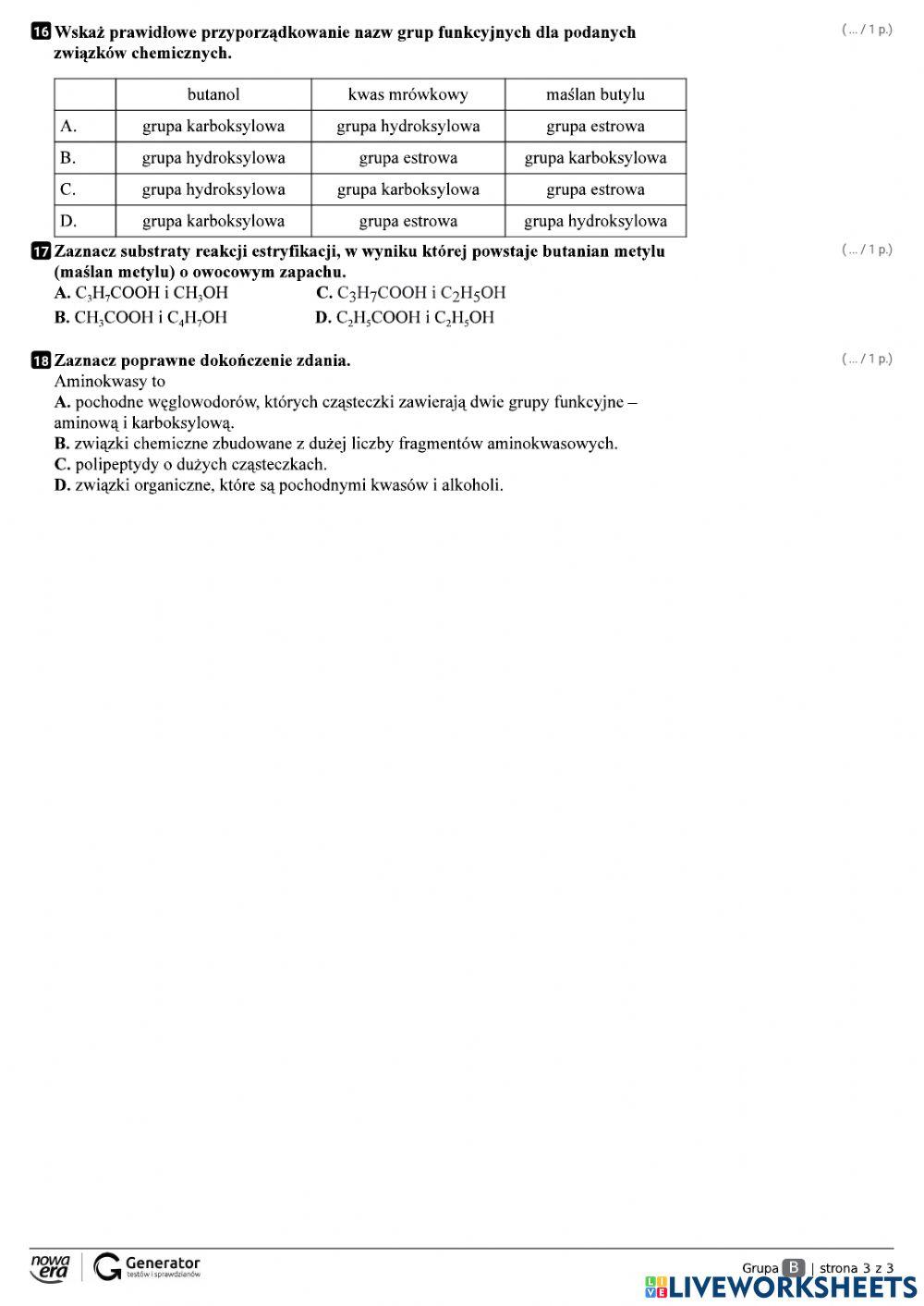 Sprawdzian Pochodne Węglowodorów Grupa A Sprawdzian-Pochodne węglowodorów online exercise for | Live Worksheets