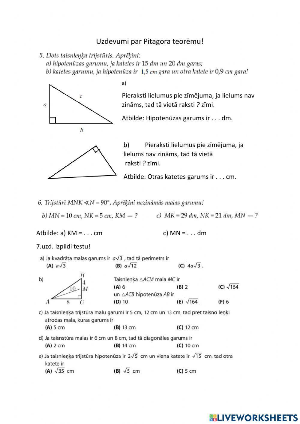 Uzdevumi par Pitagora teorēmu.