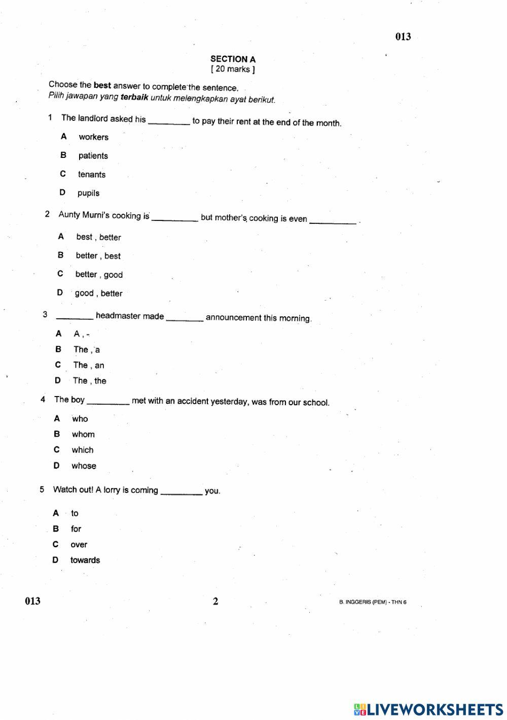 English UPSR Comprehension Section A