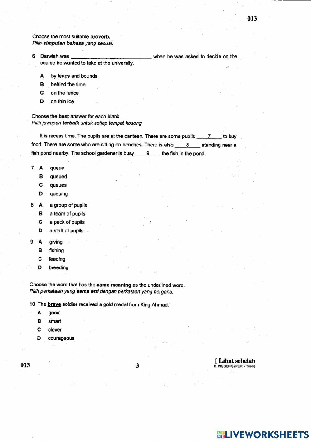 English UPSR Comprehension Section A