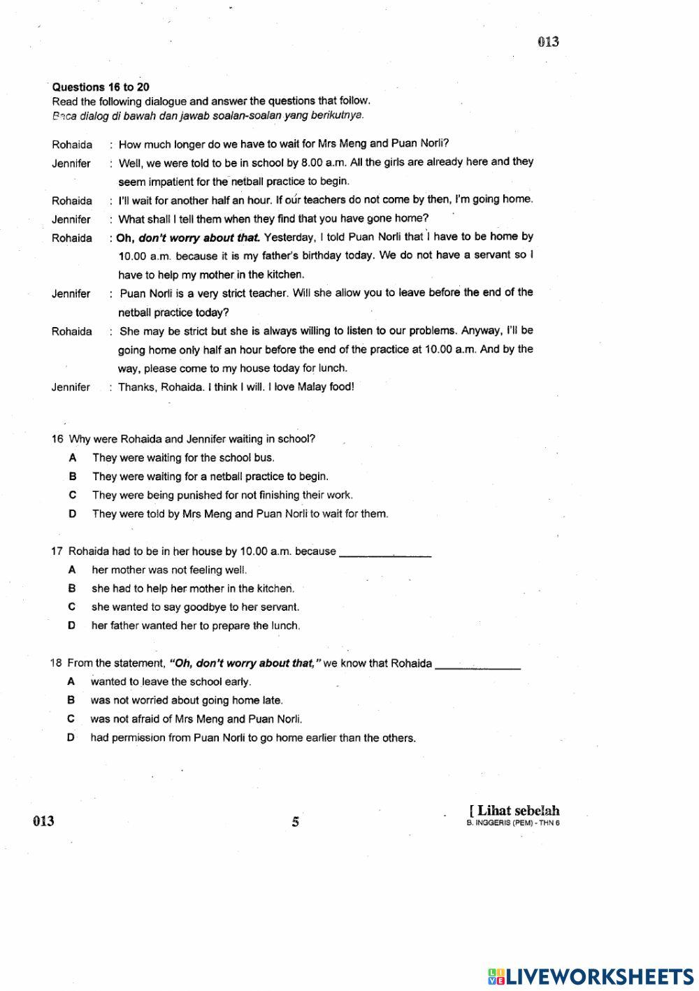 English UPSR Comprehension Section A