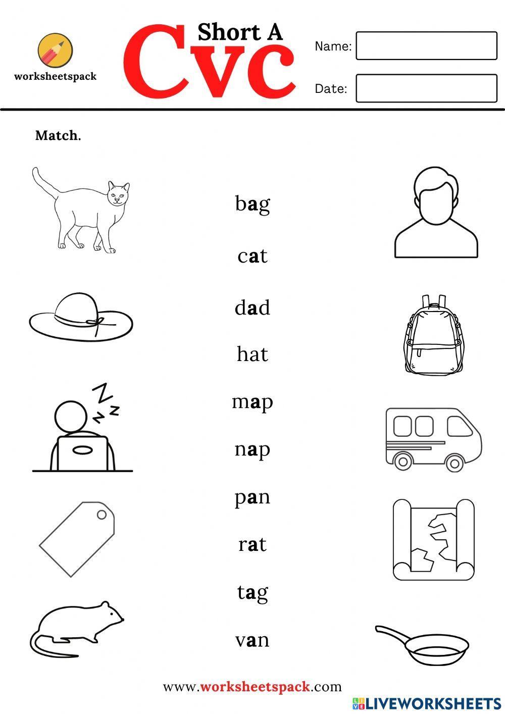 Cvc words short A matching worksheets