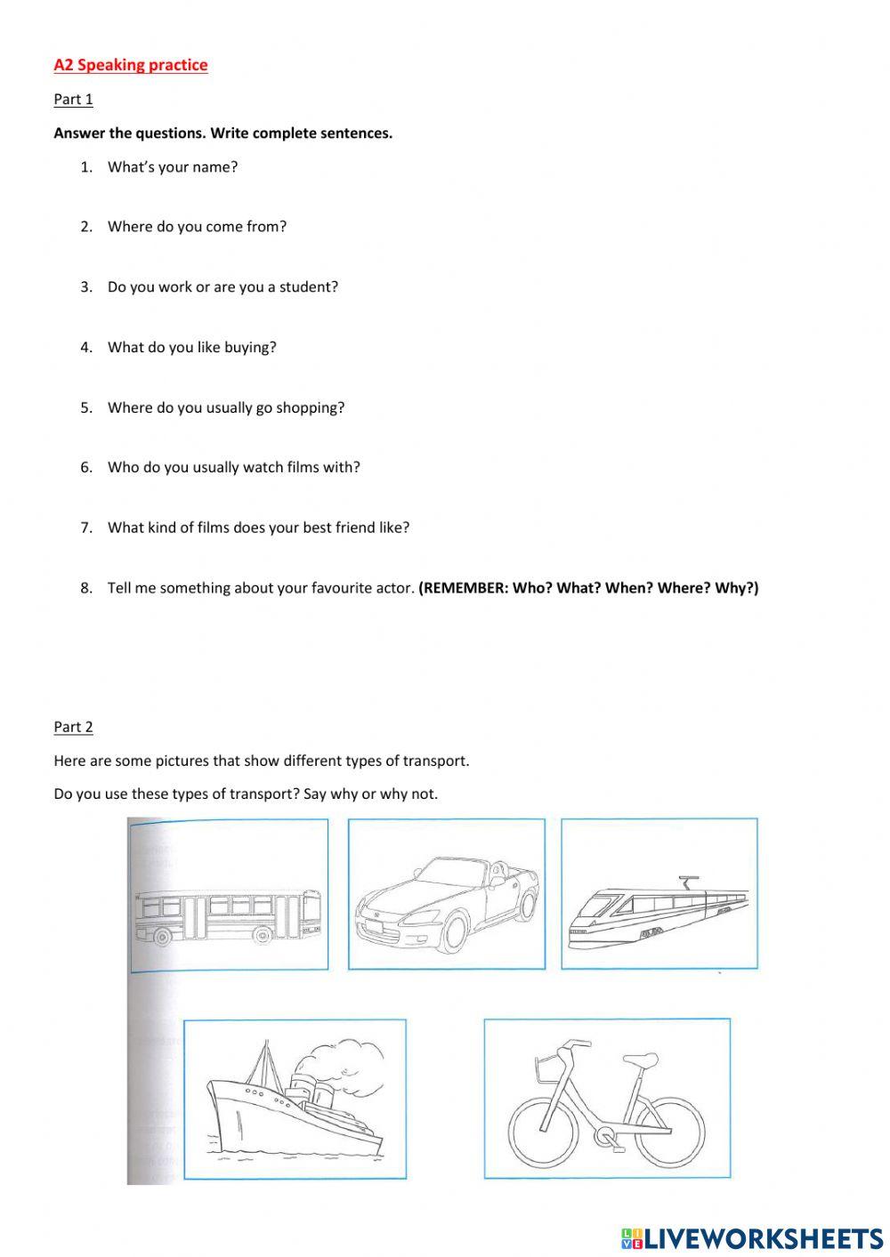A2 Speaking Practice online exercise for | Live Worksheets
