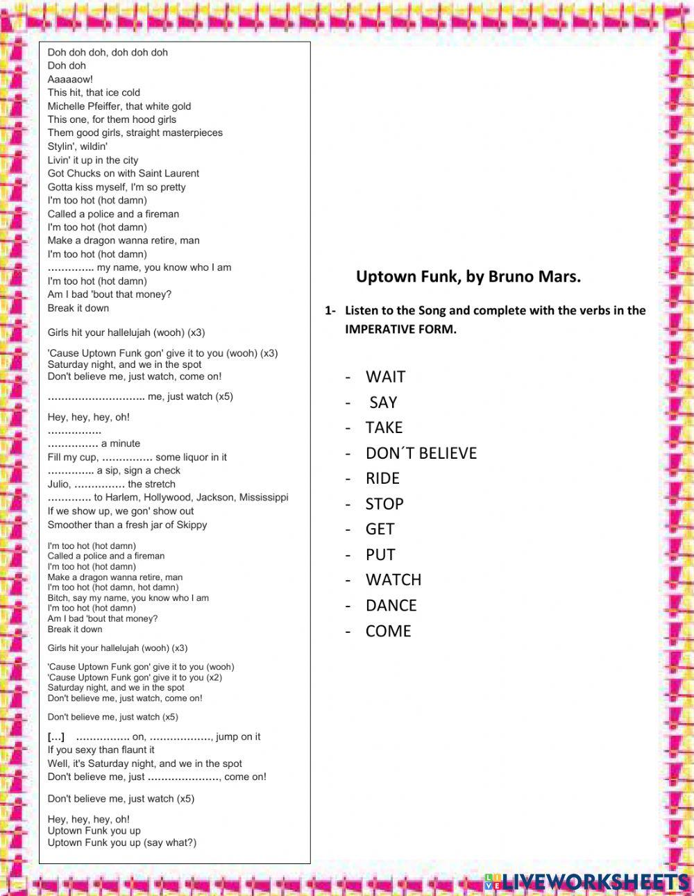 Imperatives song Uptown Funk Bruno Mars