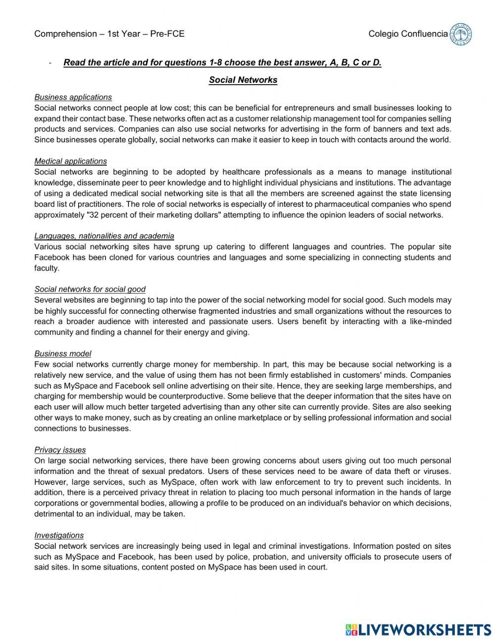 Comprehension - Reading Exercise Tuesday 27th April