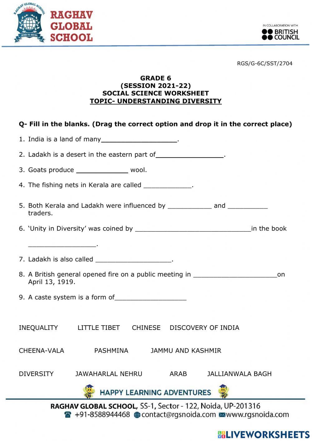 GRADE 6 CIVICS CHAPTER 1 UNDERSTANDING DIVERSITY online exercise for GRADE 6 CIVICS CHAPTER 1 UNDERSTANDING DIVERSITY online exercise for