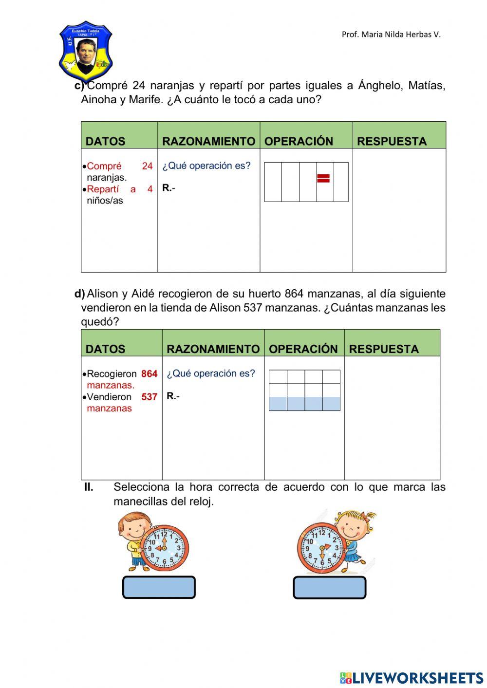 EVALUACIÓN DE MATEMÁTICAS PARA TERCERO DE PRIMARIA
