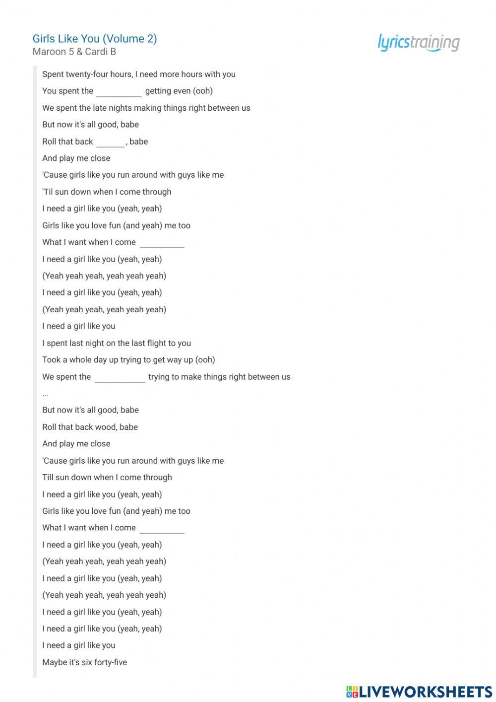 Maroon 5 - Girls like you song and n…: English ESL worksheets pdf & doc