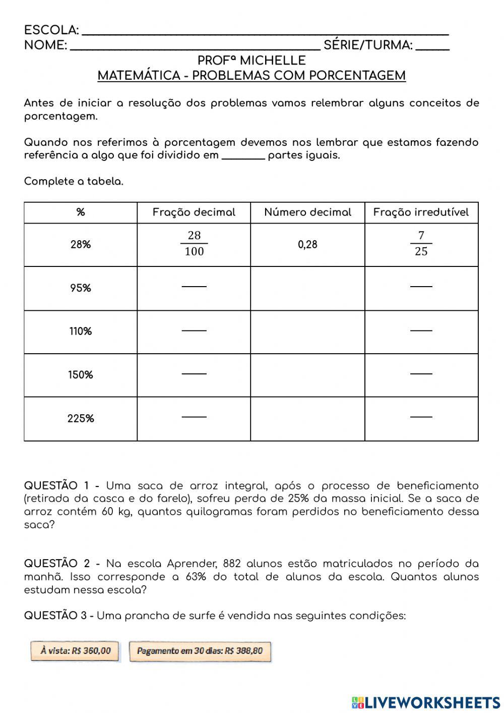 Problemas com porcentagem