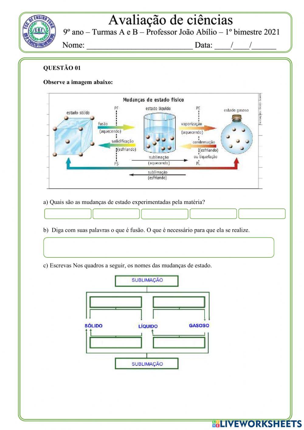Avaliação Bimestral Ciencias