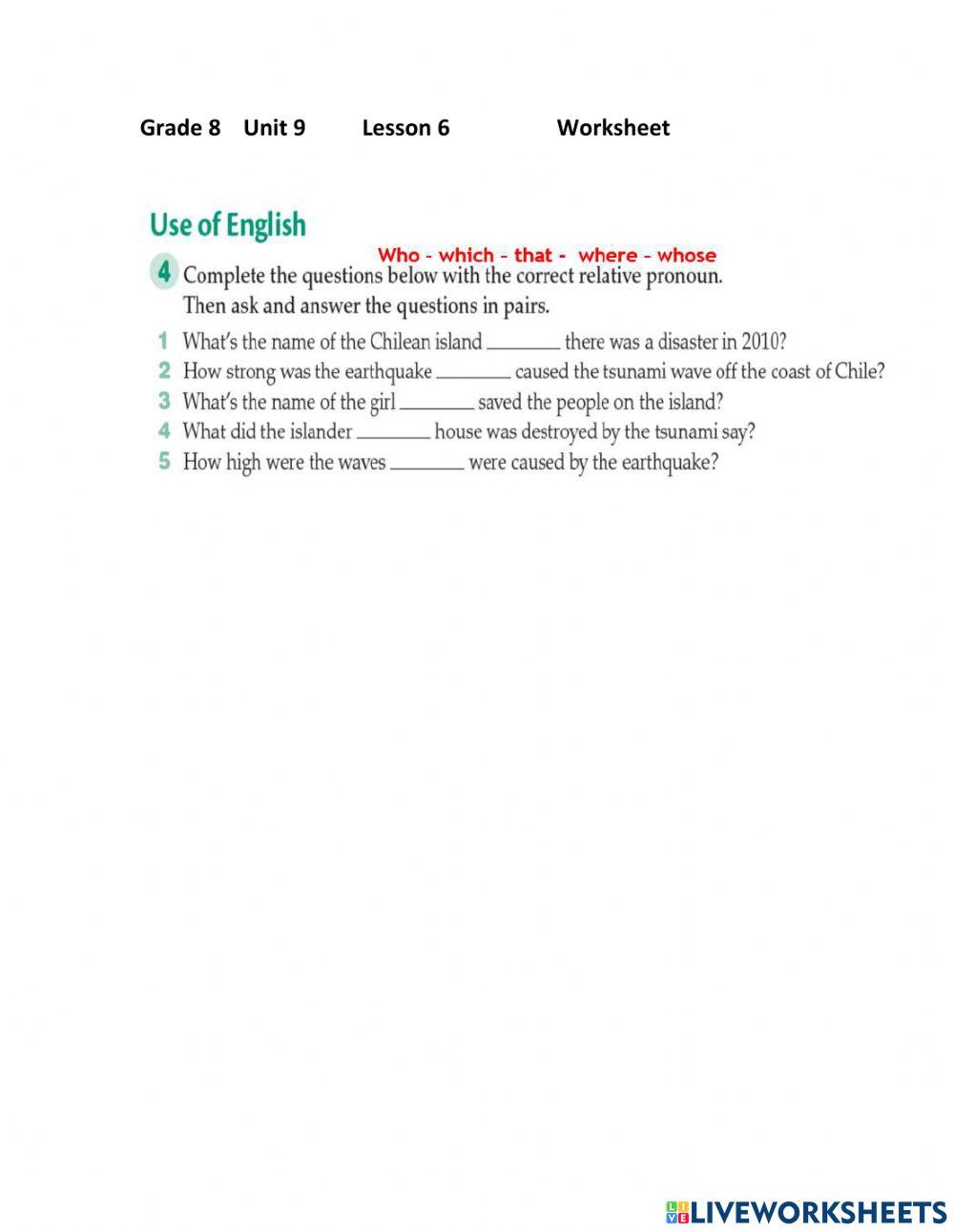 Unit 9 Lesson 6 activity | Live Worksheets