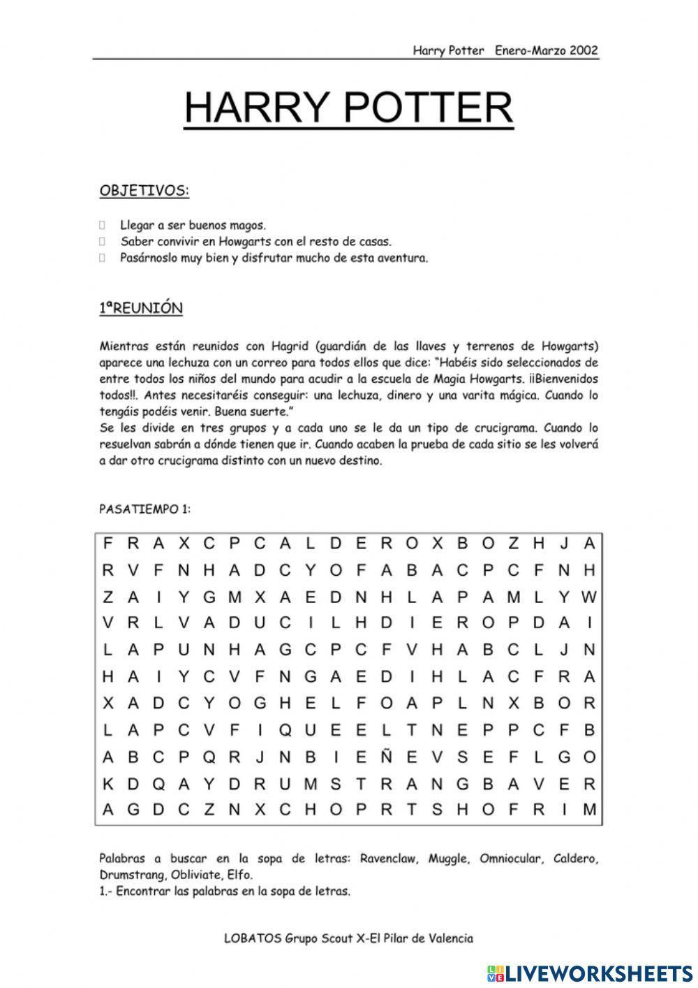 Sopa de letras Harry Potter