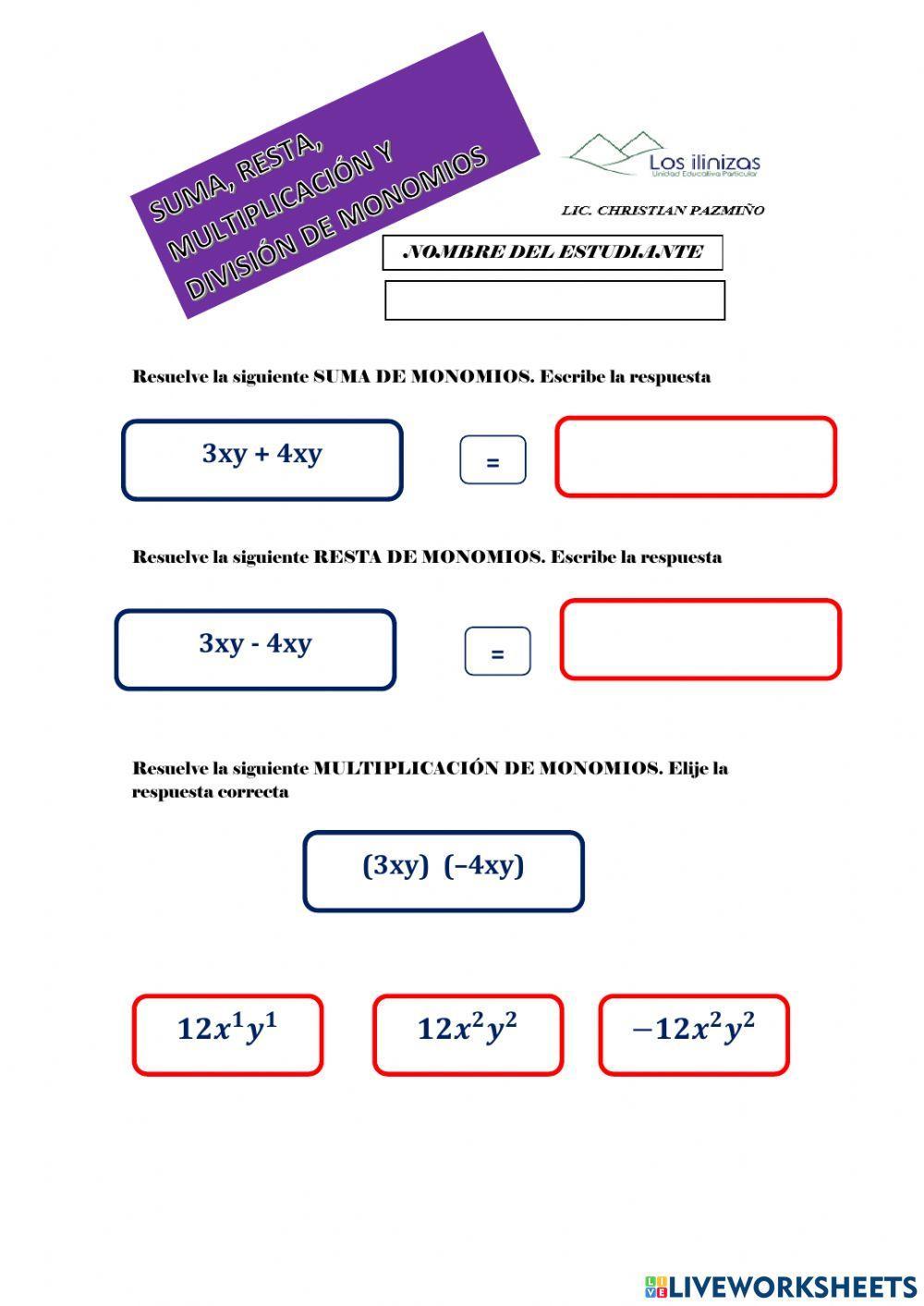 Suma, resta, multiplicación y división de monomios